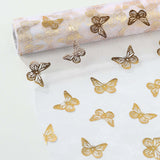 5 Pack White Sheer Organza Table Runners with Metallic Gold Foil Butterfly Motifs#whtbkgd