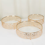 Set of 3 Baroque Ornate Gold Metal Cake Stands with Glass Top, Stackable Round Dessert Display Trays