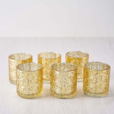 6 Pack | 3inch Shiny Gold Mercury Glass Candle Holders, Votive Tealight Holders - Geometric Design