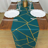 9ft Peacock Teal With Gold Foil Geometric Pattern Table Runner