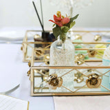 Set of 2 Gold Metal Decorative Vanity Serving Trays, Rose Bordered Rectangle Mirrored Trays