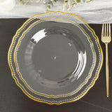 10 Pack | 9inch Clear / Gold Scalloped Rim Disposable Dinner Plates, Plastic Party Plates