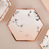 50 Pack | Blush/Rose Gold Marble 10/8inch Paper Plates, Disposable Hexagon Plates With Gold Foil Rim