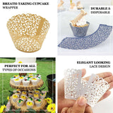 25 Pack | Ivory Lace Laser Cut Paper Cupcake Wrappers, Muffin Baking Cup Trays