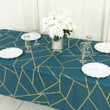 60"x102" Peacock Teal Rectangle Polyester Tablecloth With Gold Foil Geometric Pattern