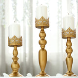 Set of 3 | Antique Gold Lace Hurricane Glass Pillar Candle Holders - 12inch/14inch/17inch