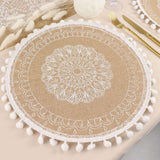 Jute & White Embroidery Mandala Print Placemats, Rustic Round Woven Burlap Tassel Table Mats