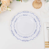 10 Pack White Blue Vintage Rim Disposable Party Plates With Embossed Scalloped Edges