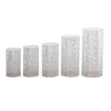 Set of 5 Silver Sequin Mesh Cylinder Pedestal Pillar Prop Covers with Leaf Vine Embroidery