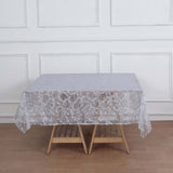 72"x72" Silver Sequin Leaf Embroidered Tulle Table Overlay, Square Sheer Table Topper