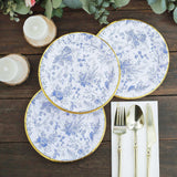 25 Pack | 7inch Blue Chinoiserie Floral Disposable Salad Plates with Gold Rim