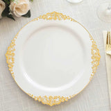 10 Pack | 10inch White Gold Leaf Embossed Baroque Plastic Dinner Plates