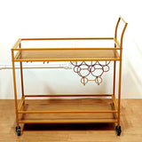 3ft Gold Metal 2-Tier Bar Cart Wine Rack With Wooden Serving Trays, Kitchen Trolley 5 Wine Bottles