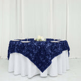 72x72inch Navy Blue 3D Rosette Satin Table Overlay, Square Tablecloth Topper