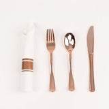 Set of 24 Pre Rolled White Paper Napkins with Rose Gold Plastic Silverware