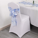 5 Pack White Blue Satin Chair Sashes in French Toile Floral Pattern