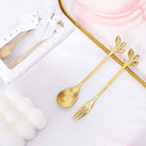 Gold Metal Spoon & Fork Pre-Packed Bridal Shower Wedding Party Favors Set With Leaf Shaped Handle