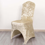 Beige Crushed Velvet Spandex Stretch Wedding Chair Cover With Foot Pockets - 190 GSM