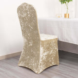 Beige Crushed Velvet Spandex Stretch Wedding Chair Cover With Foot Pockets - 190 GSM