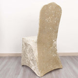 Beige Crushed Velvet Spandex Stretch Wedding Chair Cover With Foot Pockets - 190 GSM