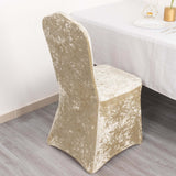 Beige Crushed Velvet Spandex Stretch Wedding Chair Cover With Foot Pockets - 190 GSM