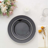 10 Pack | 10inch Black / Silver Beaded Rim Disposable Dinner Plates, Round Plastic Party Plates