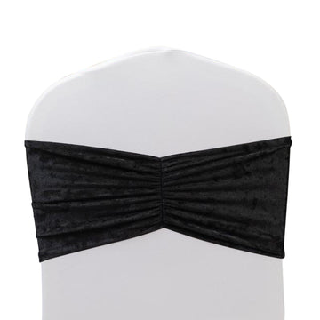 5 Pack Crushed Velvet Chair Bands Black Wide Ruffle Style - Textured Chair Sashes for Stunning Event Decor - 8"x15"