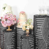 Set of 5 Black Sequin Mesh Cylinder Pedestal Pillar Prop Covers with Geometric Pattern Embroidery