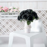 12inches Black Artificial Velvet-Like Fabric Rose Flower Bouquet Bush