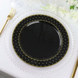 10inch Black / Gold 3D Disposable Dinner Plates With Dotted Rim Design, Round Plastic Party Plates