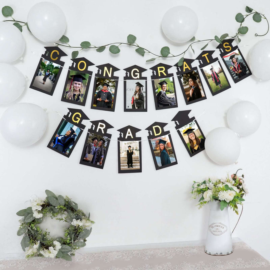 Black & Gold Congrats Grad Paper Photo Backdrop Hanging Garland Banner