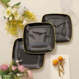 10 Pack | 7inch Black with Gold Rim Square Plastic Salad Party Plates, Dessert Appetizer Plates