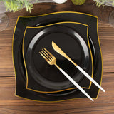 10 Pack | 8inch Black / Gold Wavy Rim Modern Square Plastic Dessert Plates, Disposable Salad Plates