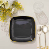 10 Pack | 7inch Black with Gold Rim Square Plastic Salad Party Plates, Dessert Appetizer Plates