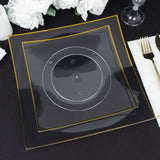 10 Pack | 10inch Clear / Gold Concave Modern Square Plastic Dinner Plates, Disposable Party Plates
