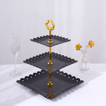 13" 3-Tier Black Gold Wavy Square Edge Cupcake Stand, Dessert Holder, Plastic With Top Handle