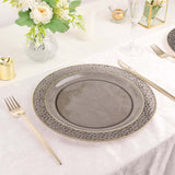 10 Pack | 10inch Opaque Black Hammered Design Plastic Dinner Plates With Gold Rim