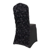 Black Satin Rosette Spandex Stretch Banquet Chair Cover, Fitted Slip On Chair Cover