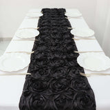 14inch x 108inch Black Grandiose 3D Rosette Satin Table Runner