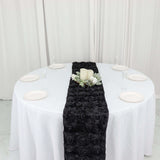 14inch x 108inch Black Grandiose 3D Rosette Satin Table Runner