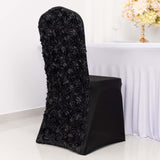 Black Satin Rosette Spandex Stretch Banquet Chair Cover, Fitted Slip On Chair Cover