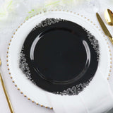 10 Pack | 10inch Black Silver Leaf Embossed Baroque Plastic Dinner Plates