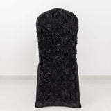 Black Satin Rosette Spandex Stretch Banquet Chair Cover, Fitted Slip On Chair Cover