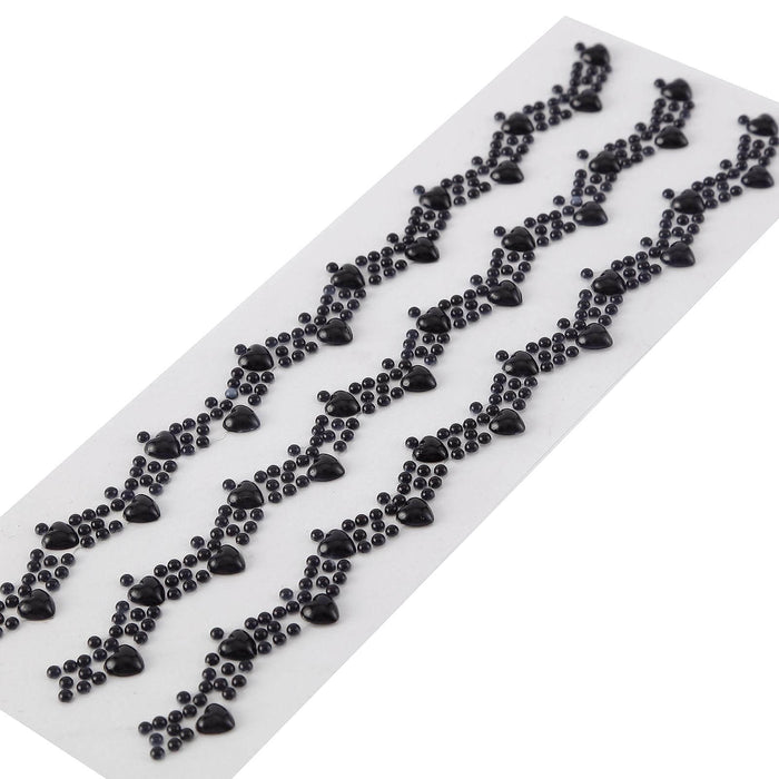 Black Self Adhesive Craft Rhinestone Trim Strips, Heart Pearl Embellishment Stickers