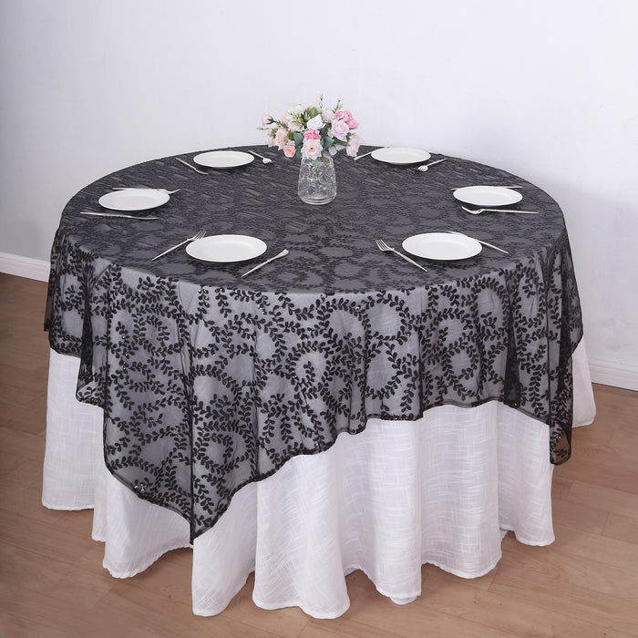 72x72inch Black Sequin Leaf Embroidered Seamless Tulle Table Overlay