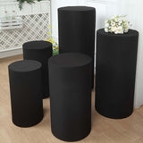 Set of 5 | Black Cylinder Stretch Fitted Pedestal Pillar Prop Covers, Display Box Stand Covers