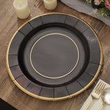 25-Pack Disposable Round Charger Plates in Black Sunray Design with Gold Rim - 350GSM Heavy Duty Paper Chargers 13"