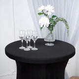 Black Round Heavy Duty Spandex Cocktail Table Cover With Natural Wavy Drapes