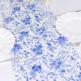 12x108inch White Blue Satin Table Runner in French Toile Floral Pattern