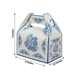 25 Pack Candy Gift Tote Gable Boxes in White Royal Blue Damask Floral Pattern, Party Favor Treat Box